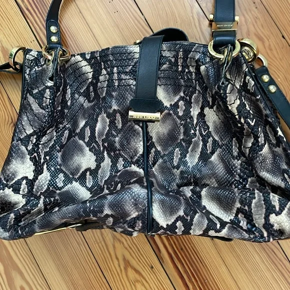 Faux Black, Tan and Gray Python Shoulder Bag With Gold Accents - Picture 2 of 9